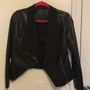 Faux leather drape front jacket
